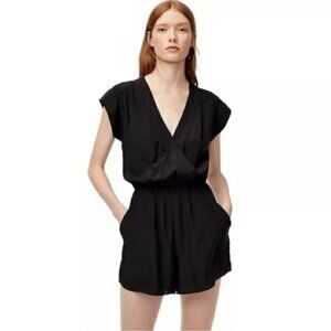 Aritzia Babaton Corbett Romper V Neck Short Sleeve 100% Silk Black Sz S